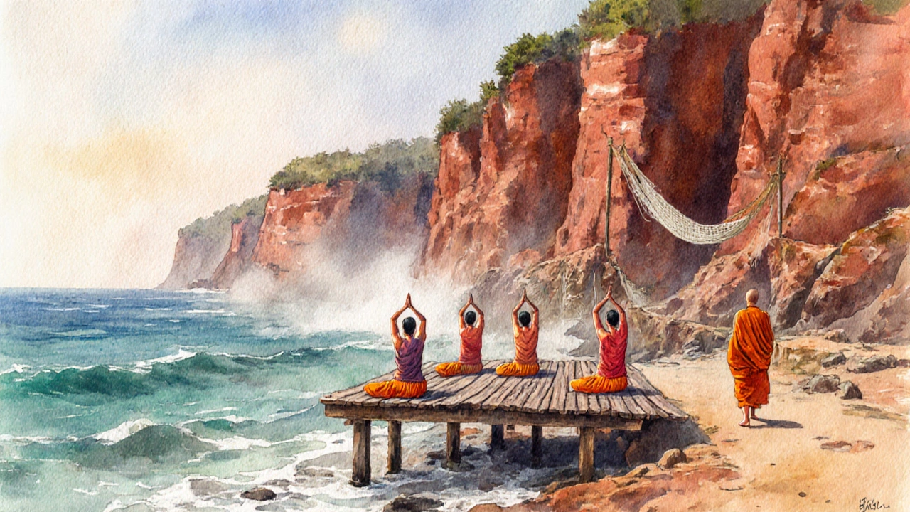 Red cliffs of Varkala Beach in Kerala with yogis and fishing nets at dawn.