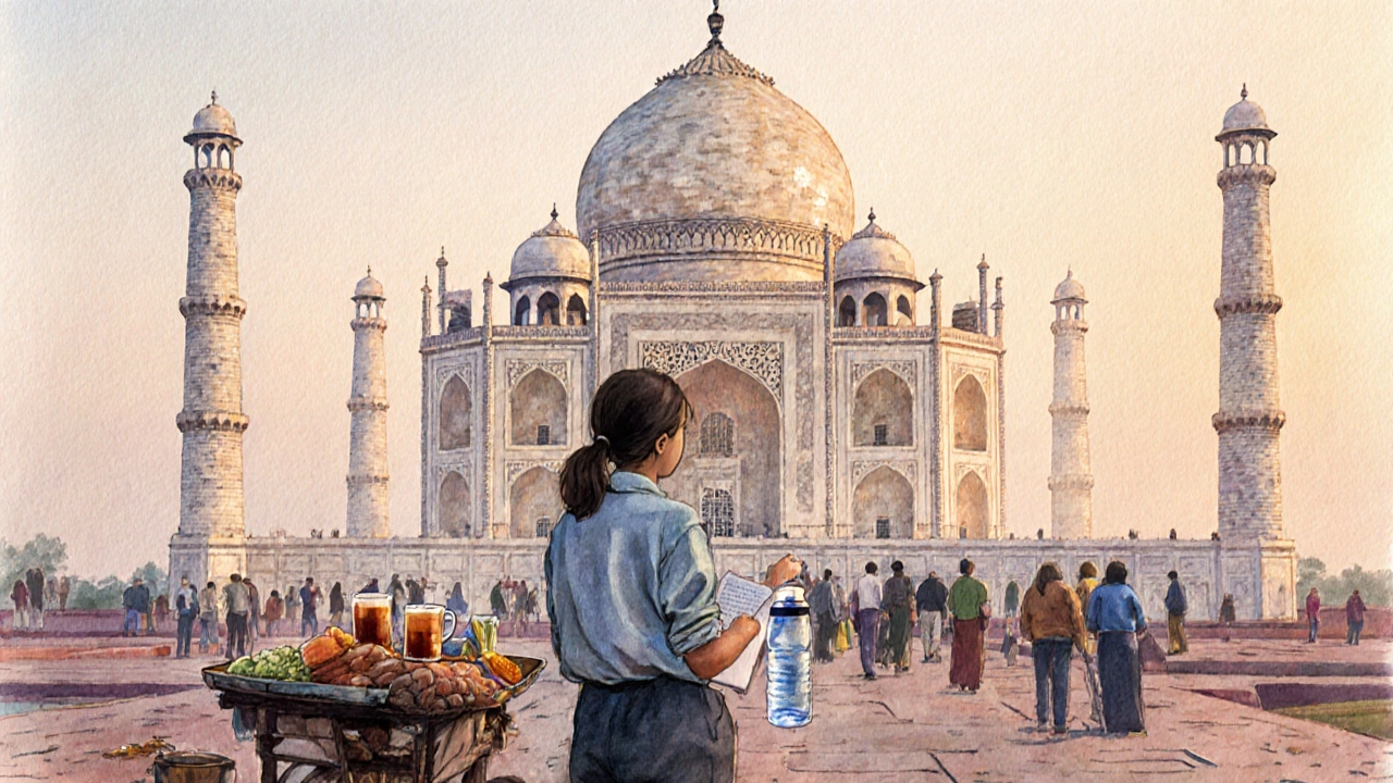 Solo traveler at sunrise in front of the Taj Mahal with a water bottle and notebook.