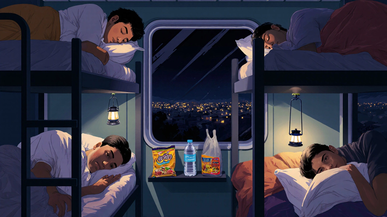 Travelers sleeping in a crowded non-AC train sleeper car at night.