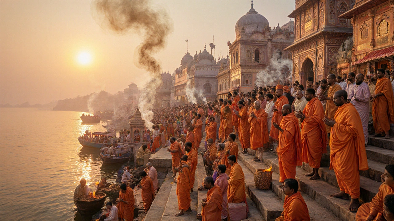 Varanasi ghats at dawn with devotees performing rituals on the Ganges.
