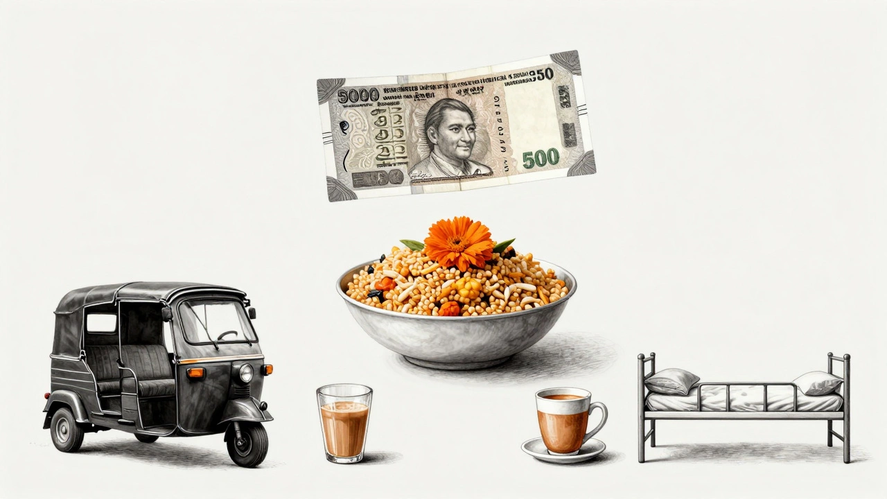 A 500-rupee note above symbols of daily Indian life: food, transport, and temple offering.
