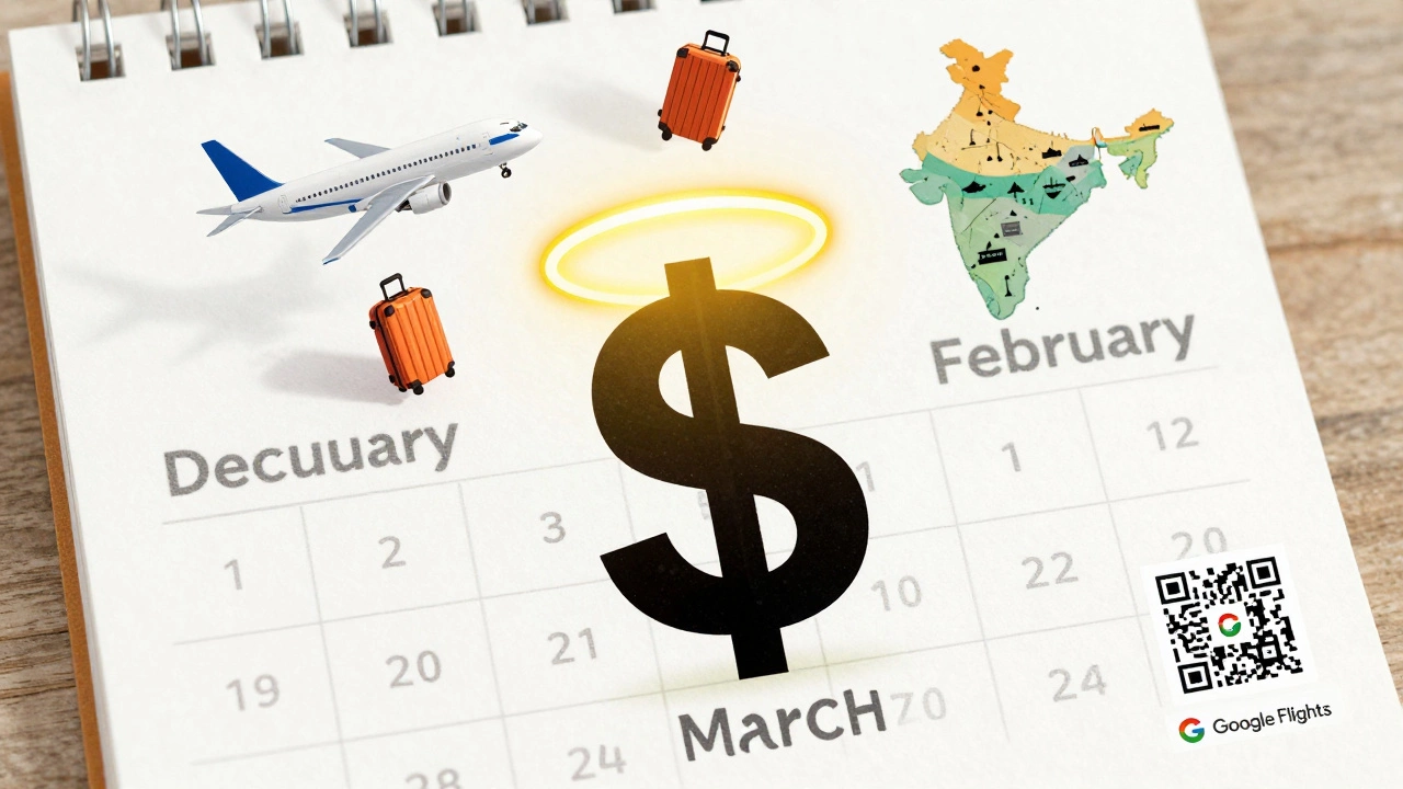 A calendar showing March as the cheapest month to fly to India, with other months crossed out.