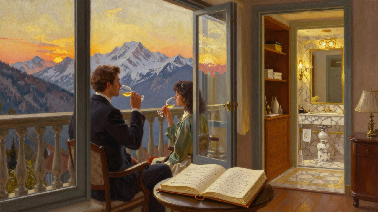 A couple on a Grand Suite balcony at sunset, sipping wine as mountains fade into twilight.