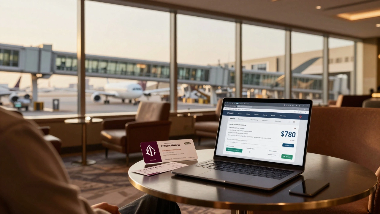A passenger relaxing in a Doha airport lounge with a layover voucher and flight confirmation on screen.