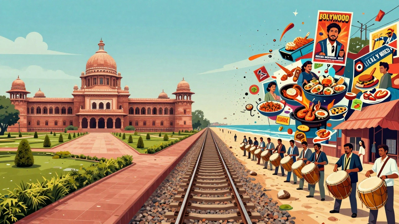 A split illustration showing New Delhi&#039;s historic architecture and Mumbai&#039;s vibrant street life connected by a train track.