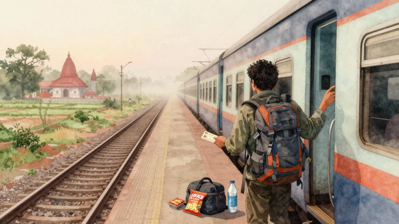 Backpacker boarding a morning train in rural India with a 500-rupee ticket.