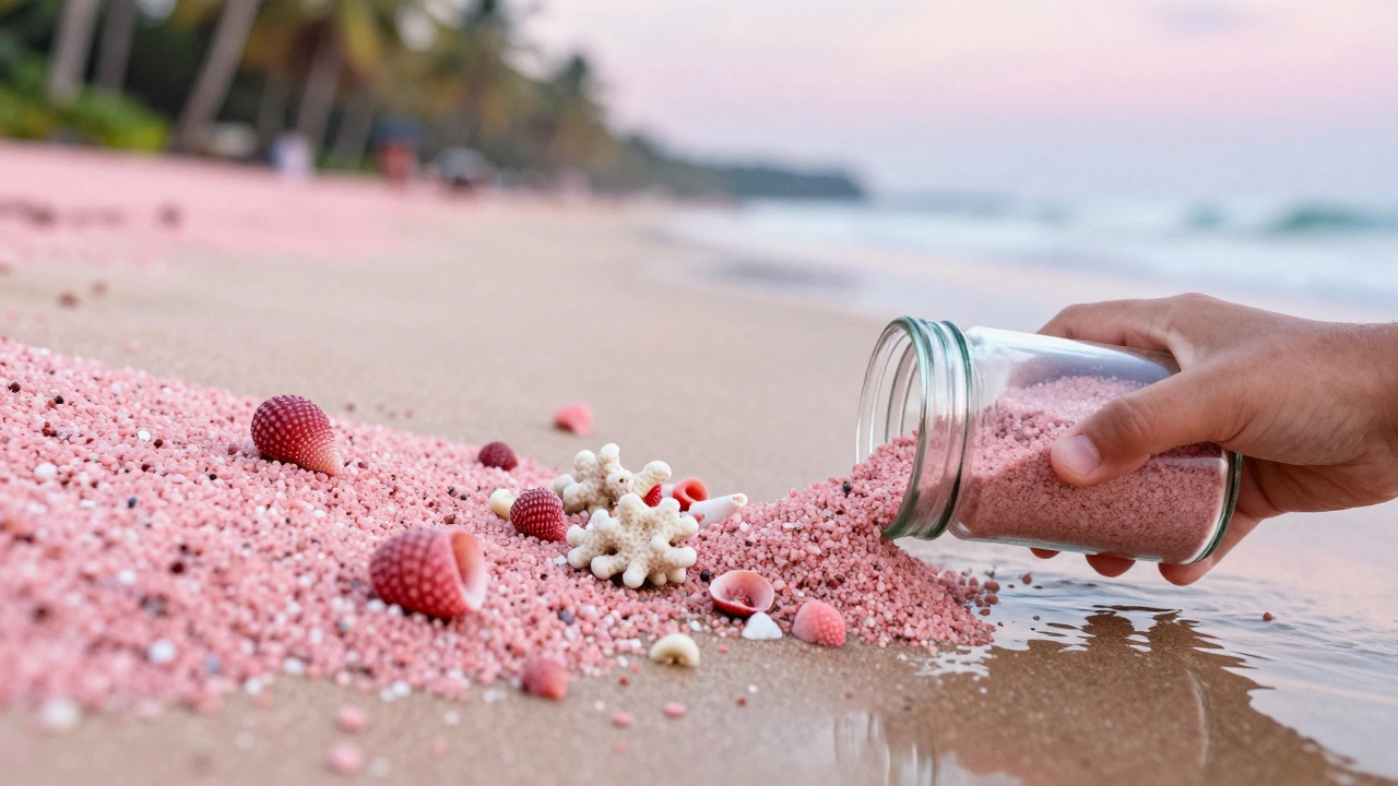 Close-up of pink sand grains with tiny shells in a child&#039;s jar at Kovalam shoreline.