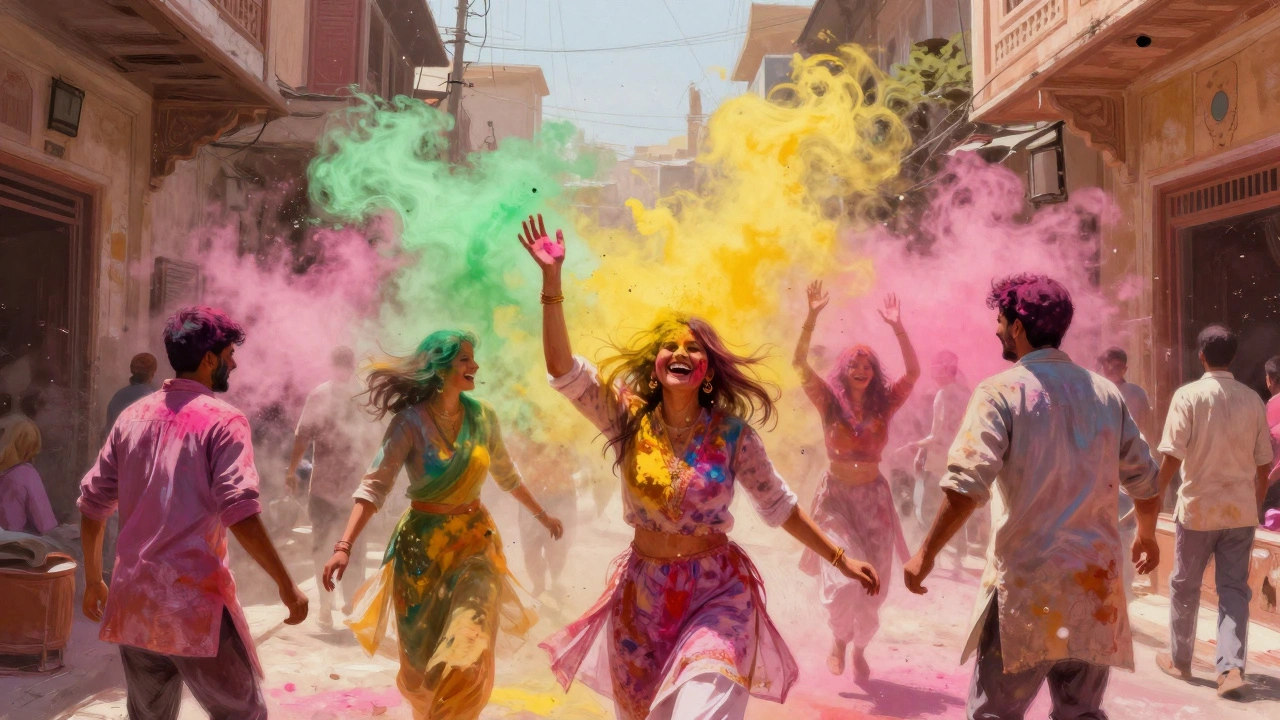 Colorful Holi festival in Jaipur with people throwing powder under bright sunlight.