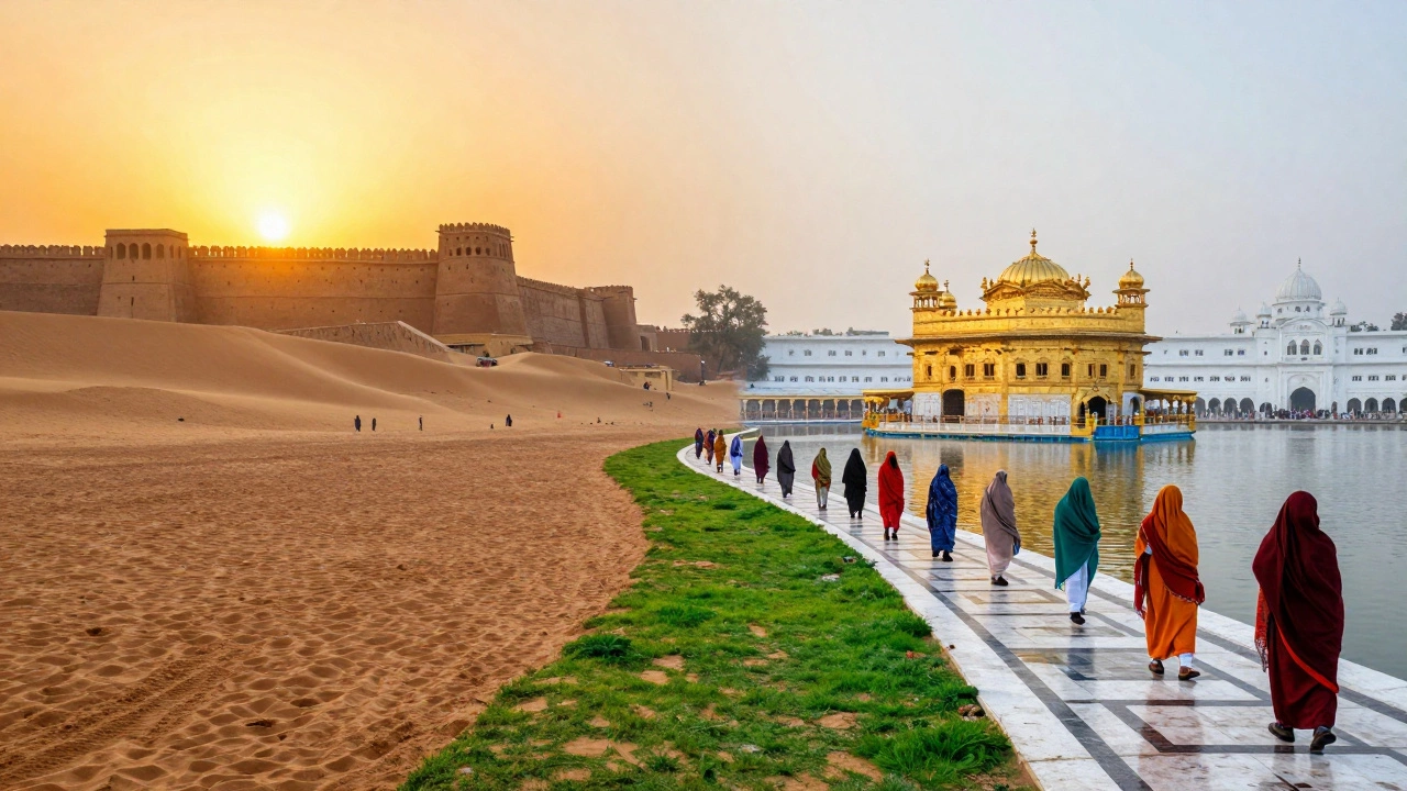 Contrasting seasons in northern India: desert heat vs. winter pilgrimage at Golden Temple.