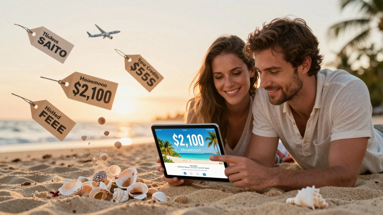 Couple reviewing honeymoon deal on tablet, price tags dissolving into sand and shells under tropical sunset.