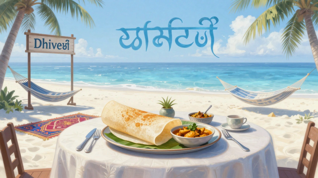 Cultural fusion scene: Indian food, prayer mat, and bilingual signs in a serene resort setting.