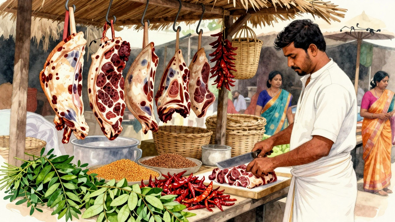 Fresh goat meat displayed at a South Indian market with spices and curry leaves nearby.