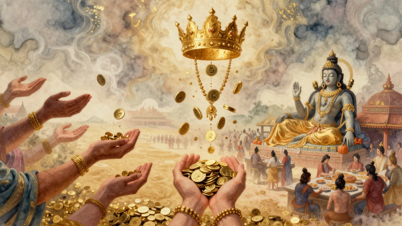 Golden offerings dissolving into smoke above hands giving donations, with a reclining deity and feeding crowd below.