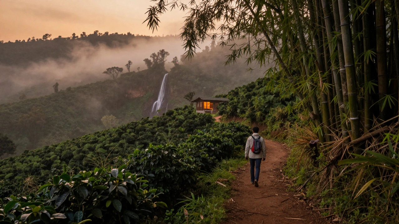 Hiker walking through misty coffee plantations in Coorg with waterfalls and homestay lights in distance.
