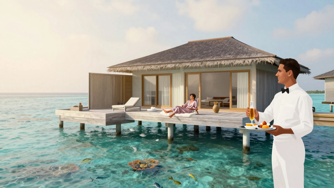 Luxury overwater bungalow in the Maldives at dawn with couple on deck and butler delivering breakfast.