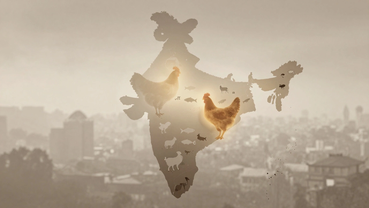 Map of India showing regional meat consumption patterns with chicken as the dominant symbol.