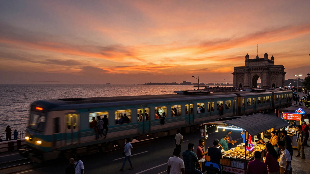 Mumbai&#039;s Marine Drive at sunset, with a crowded train and glowing ocean skyline.