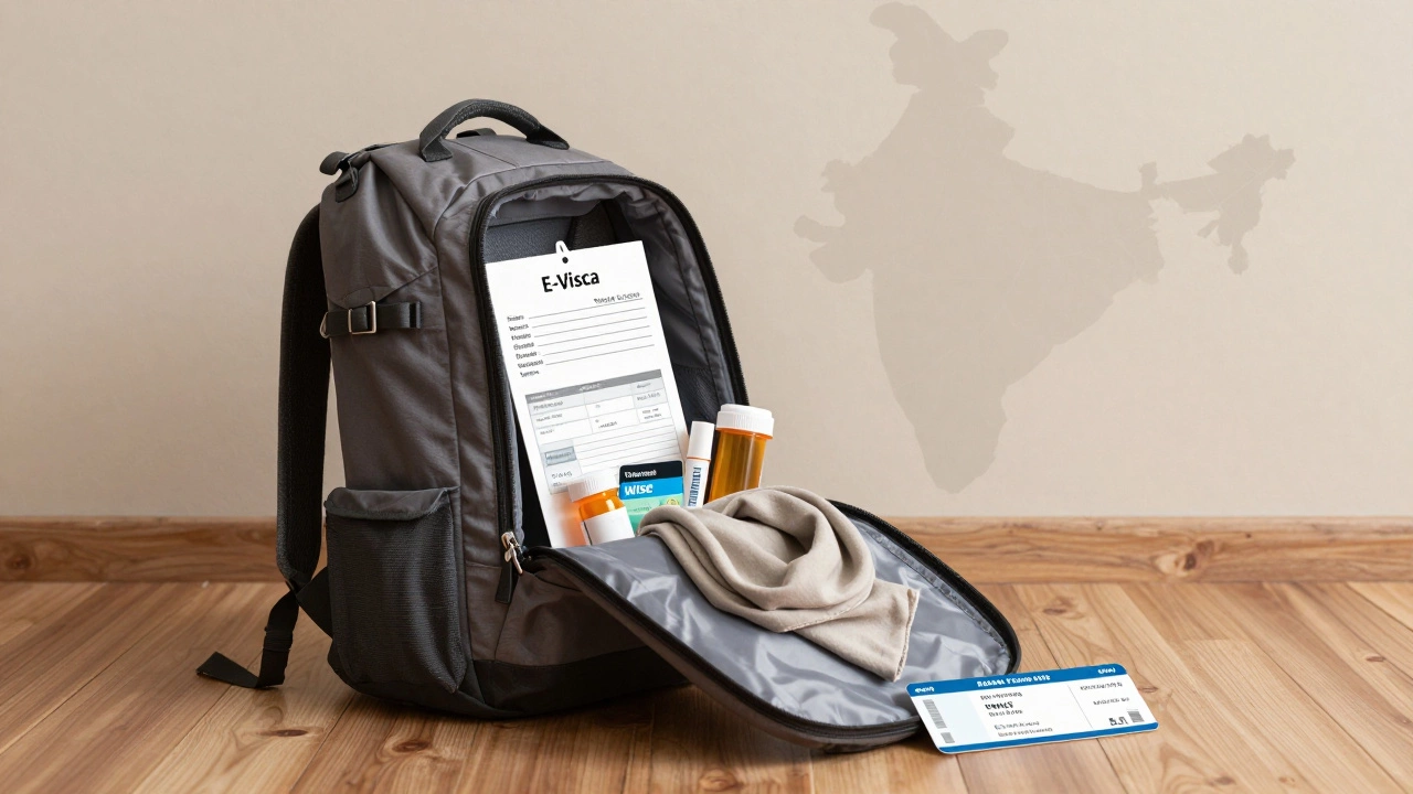 Open backpack with travel essentials: visa, meds, repellent, scarf, and train ticket