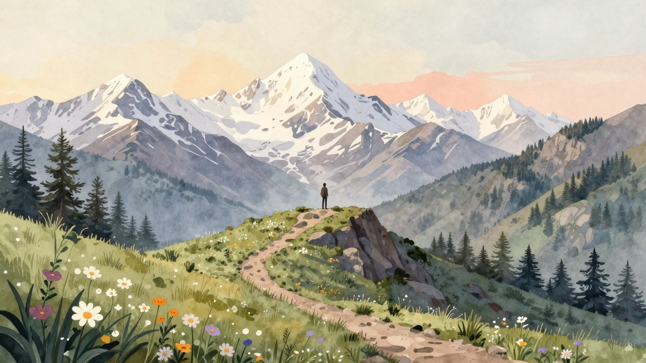 Panoramic view from Chandrashila summit showing Himalayan peaks and alpine meadows at sunrise.