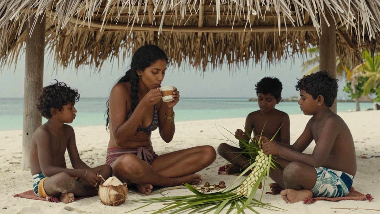 Solo Indian woman learning coconut leaf weaving from a local family on a peaceful island.