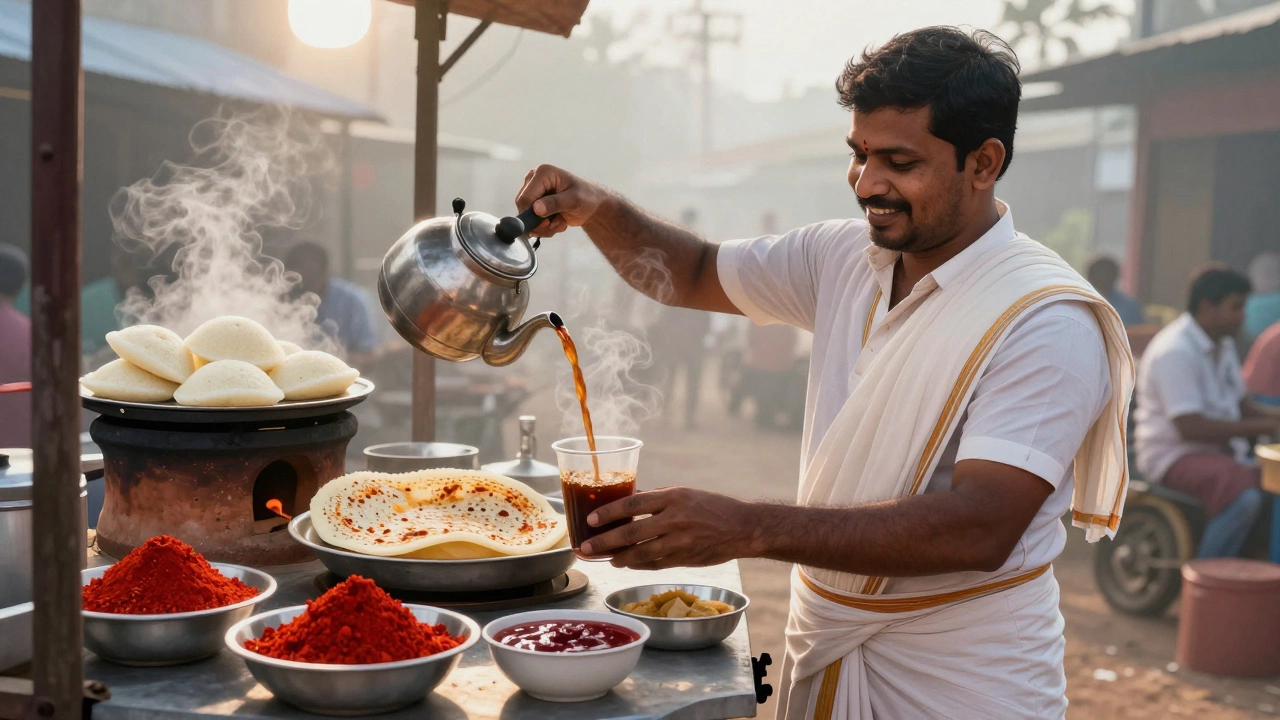 Tamil Nadu street stall serving filter coffee, idlis, and dosas at sunrise.