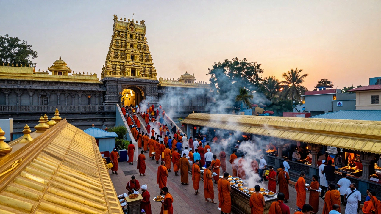 Thousands of pilgrims ascending a hill to a golden temple at sunrise, with meals being served below.