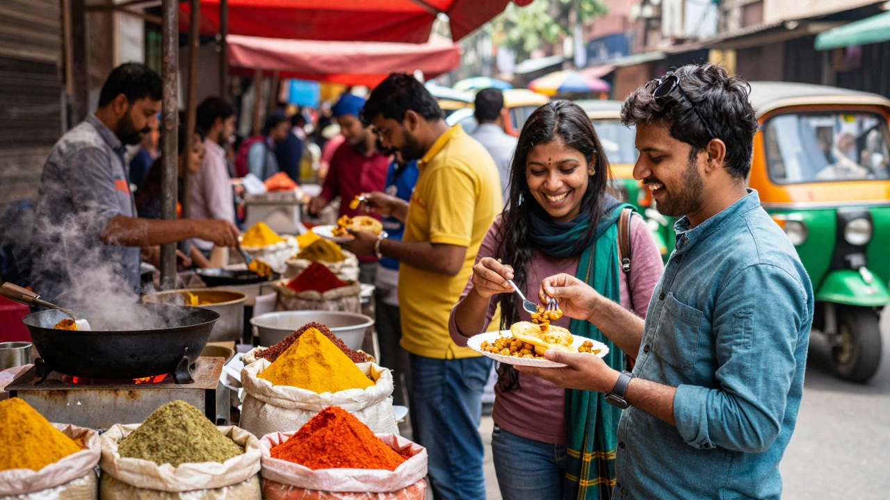 Traveler enjoying spicy chole bhature at a bustling Delhi street food stall with locals nearby.