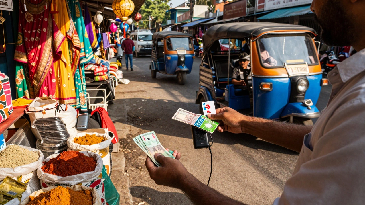 Traveler paying rickshaw driver with SIM card and portable charger in busy Indian market