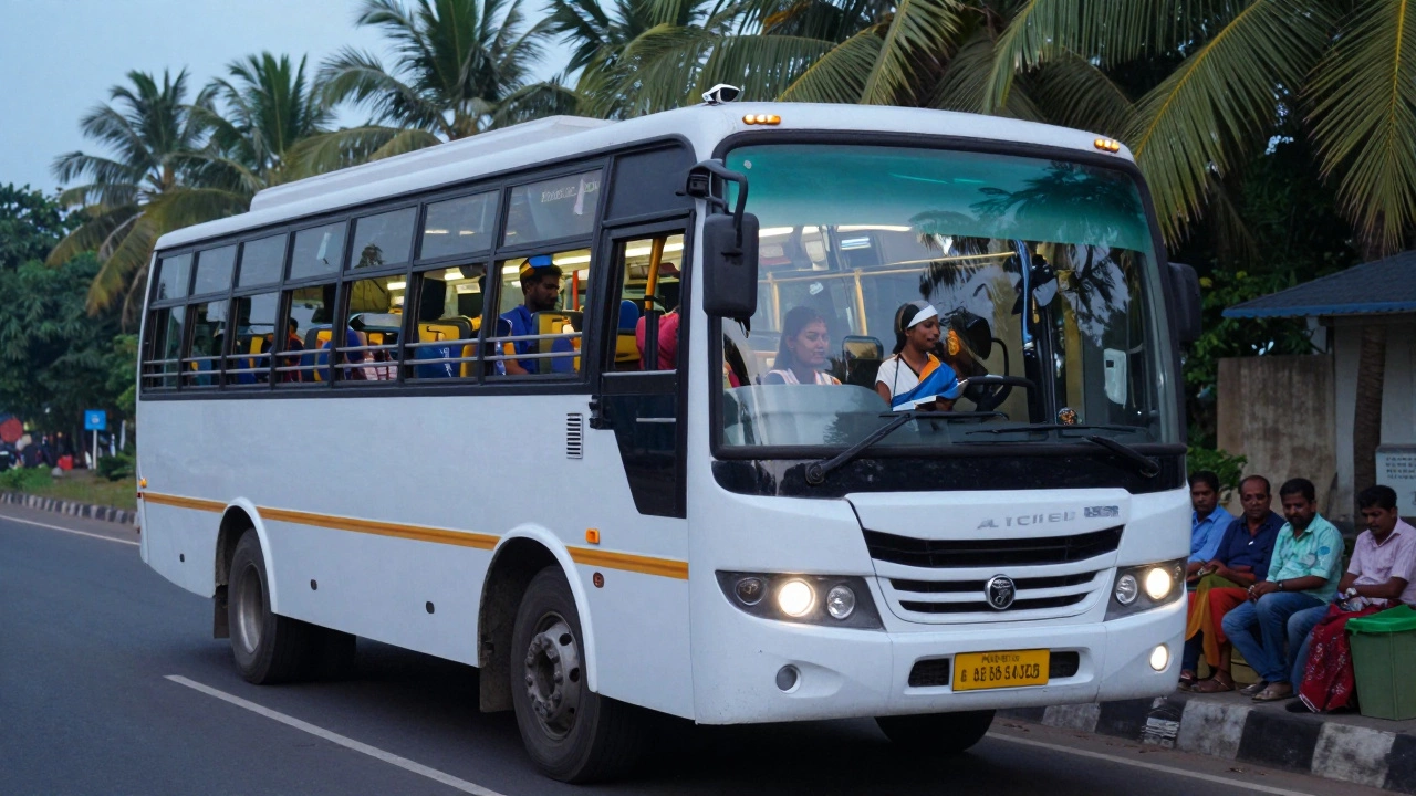 A clean Kerala state bus with female conductor and CCTV, passengers calm under soft interior lighting.