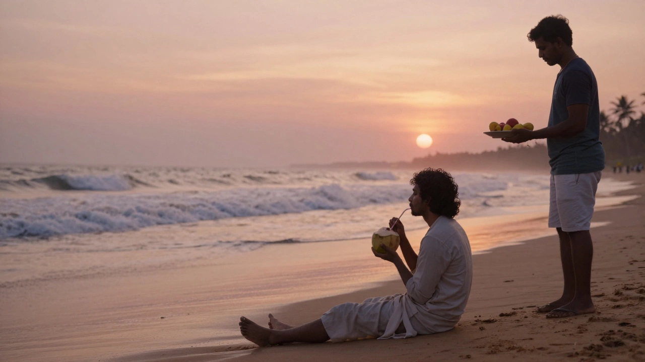 A traveler enjoys a quiet sunset on Kovalam beach, vendor offering fruit respectfully from afar.