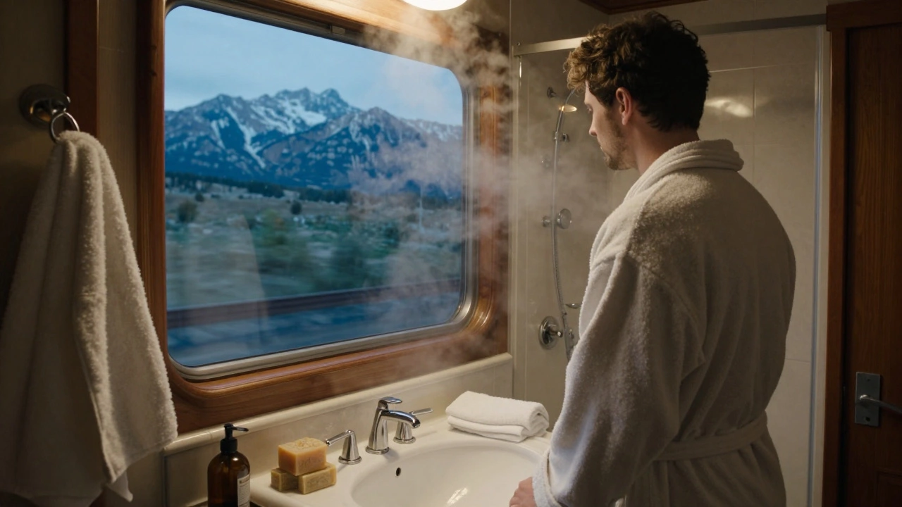 A traveler in a robe in the private bathroom of the luxury sleeper train, with landscape visible through the window.