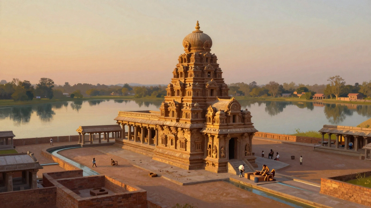 Ancient Ramappa Temple reflected in still lakes, with artisans making traditional bricks nearby.