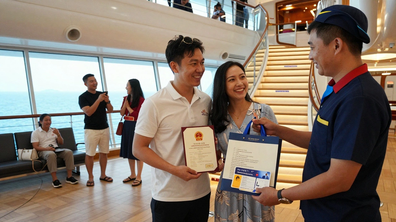 Couple checking in at cruise terminal with welcome gift and marriage certificate