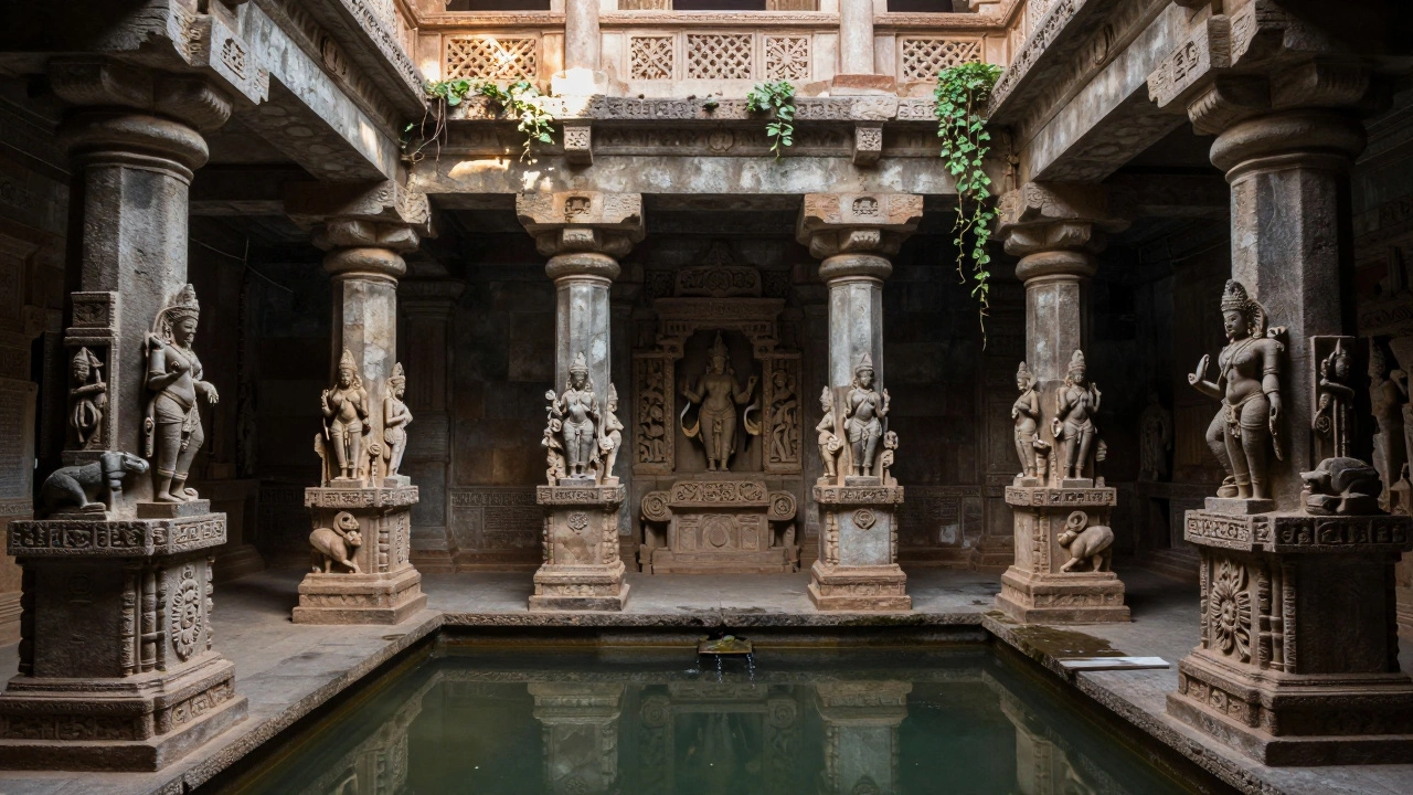 Interior of Dada Harir Stepwell with carved pillars and ancient statues, sunlight filtering through above.