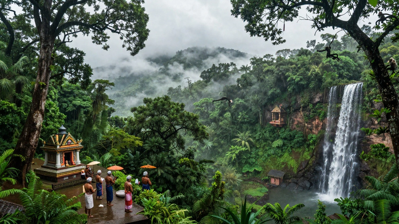 Misty Western Ghats forest with sacred grove, tribal ritual, and monkeys amid monsoon rains.