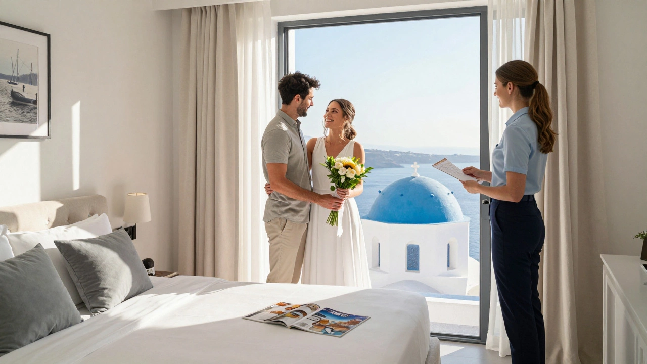 Newlyweds receiving a room upgrade in a Santorini suite with caldera view