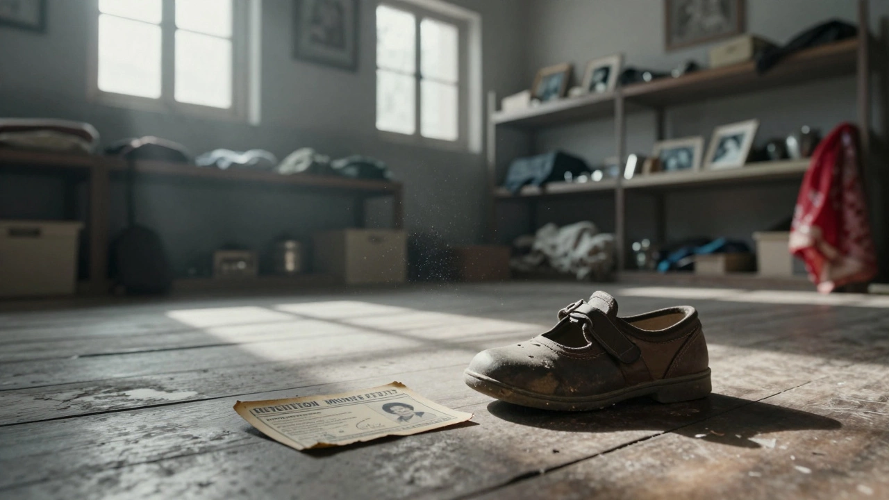 Partition Museum display with a child's shoe and faded documents on a wooden floor.