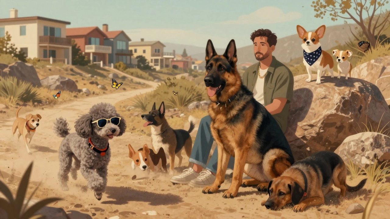 A poodle in sunglasses walks beside a German shepherd near a celebrity, with other dogs playing in the background of Runyon Canyon.