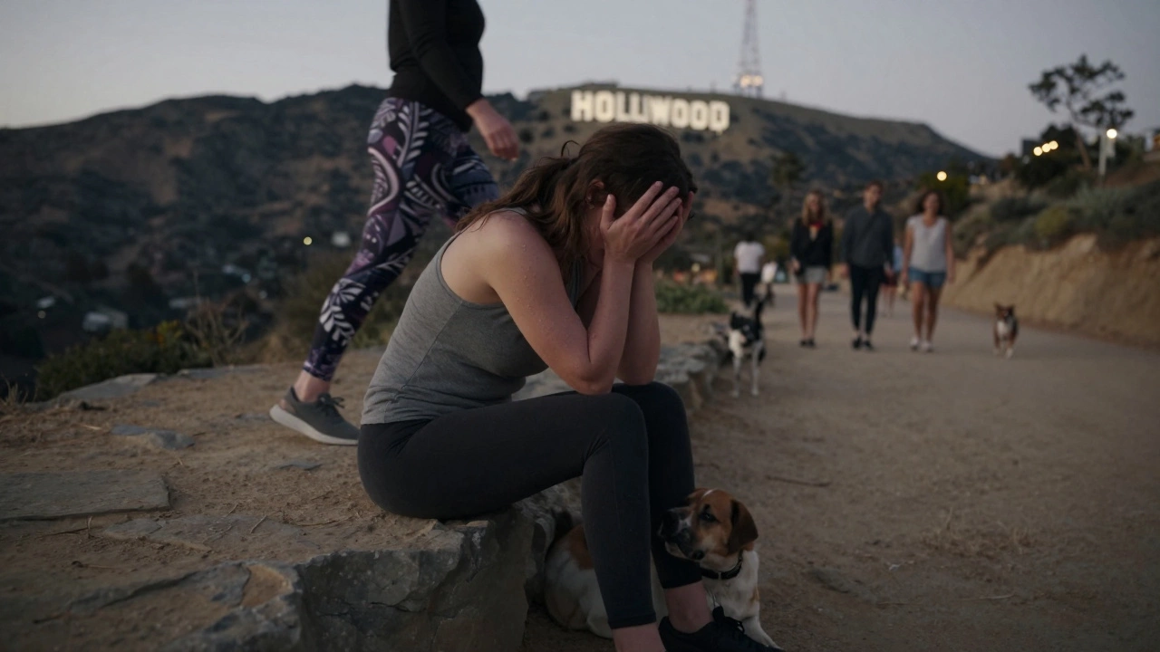 A woman sits alone on a rock at dusk, her dog comforting her, as the Hollywood Sign glows faintly behind them.
