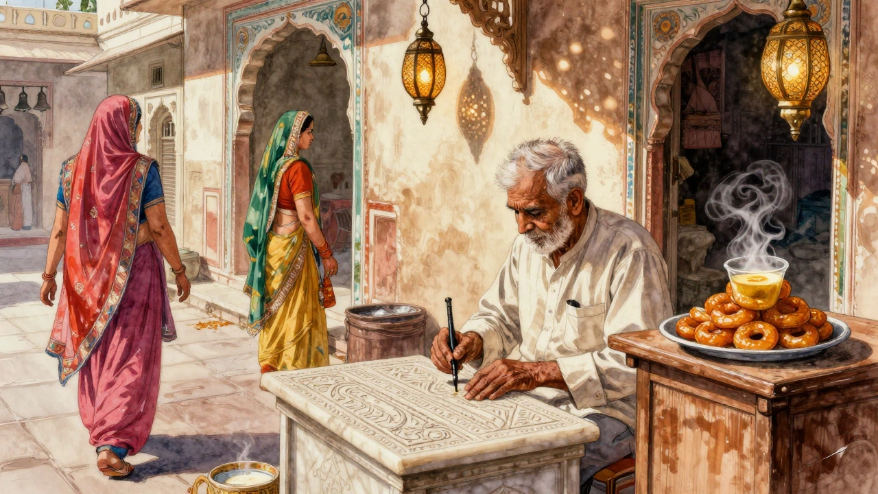 An artisan carving marble in a shaded Udaipur courtyard, women in colorful attire passing by with jalebis on display.