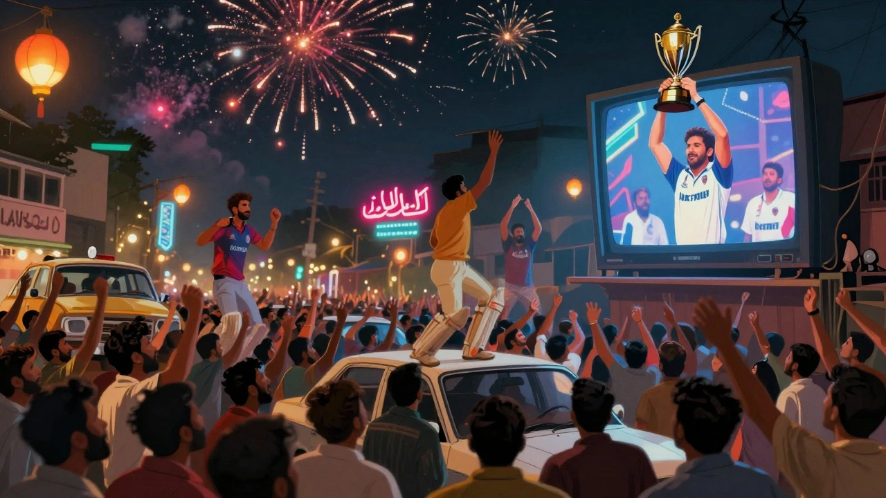 Celebration in Karachi after Pakistan won the 1992 Cricket World Cup, people dancing, cars honking, fireworks lighting the night.