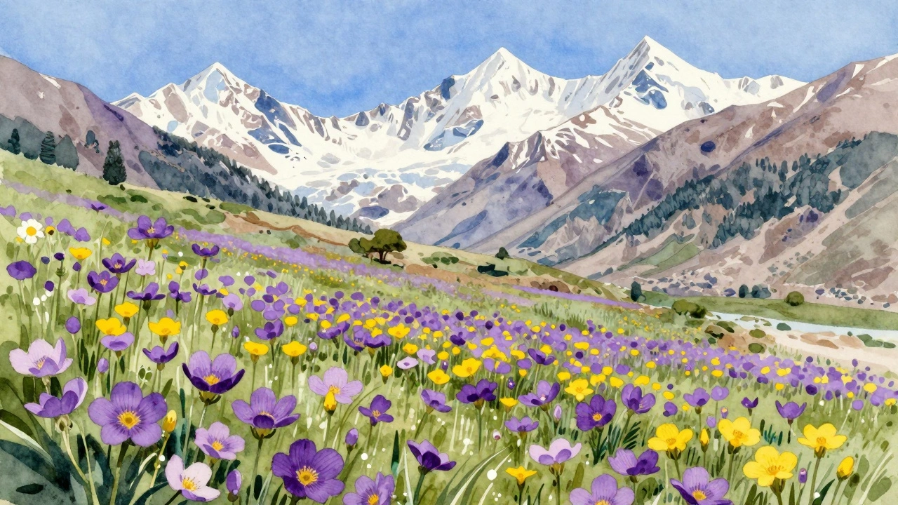 Colorful alpine flowers in Valley of Flowers meadow.