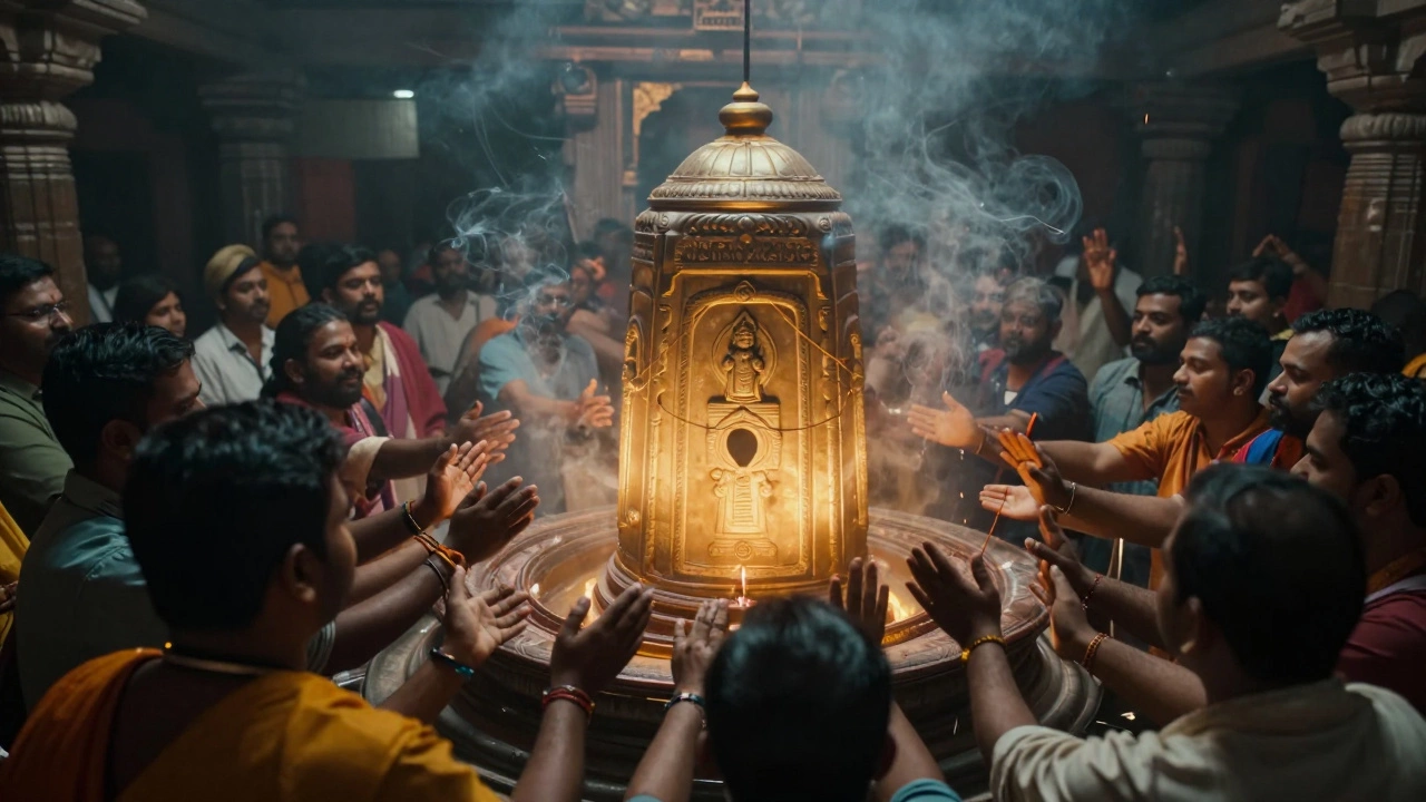 Devotees in quiet devotion before the glowing Jyotirlinga inside Kashi Vishwanath Temple.
