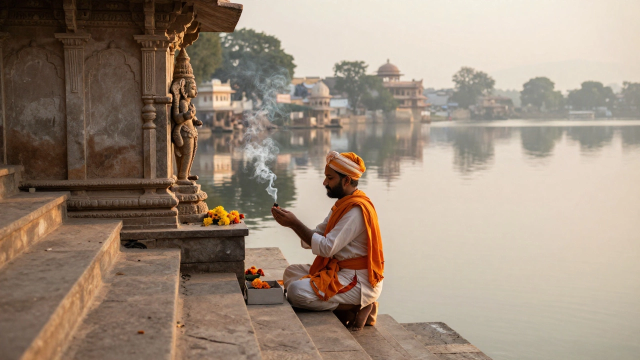 Early morning at Gangaur Ghat, a priest offering flowers to an ancient stone deity as light touches the stone steps.