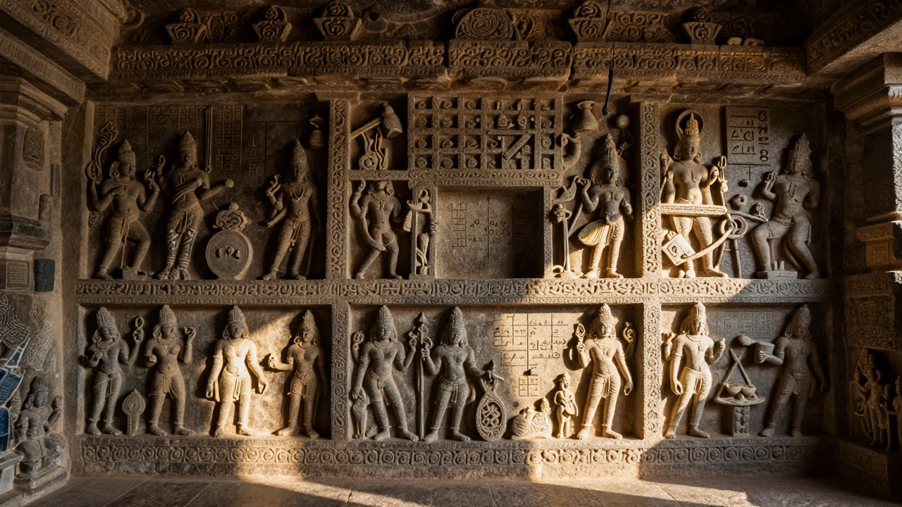 Intricate carvings inside Ellora Caves depicting mythological scenes, mathematical diagrams, and musical instruments.