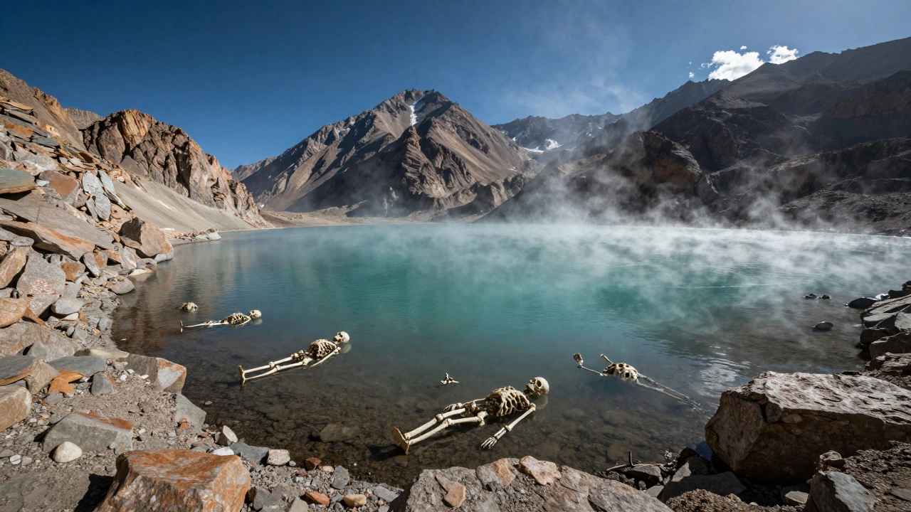 Roopkund lake with skeletal remains in high-altitude setting.
