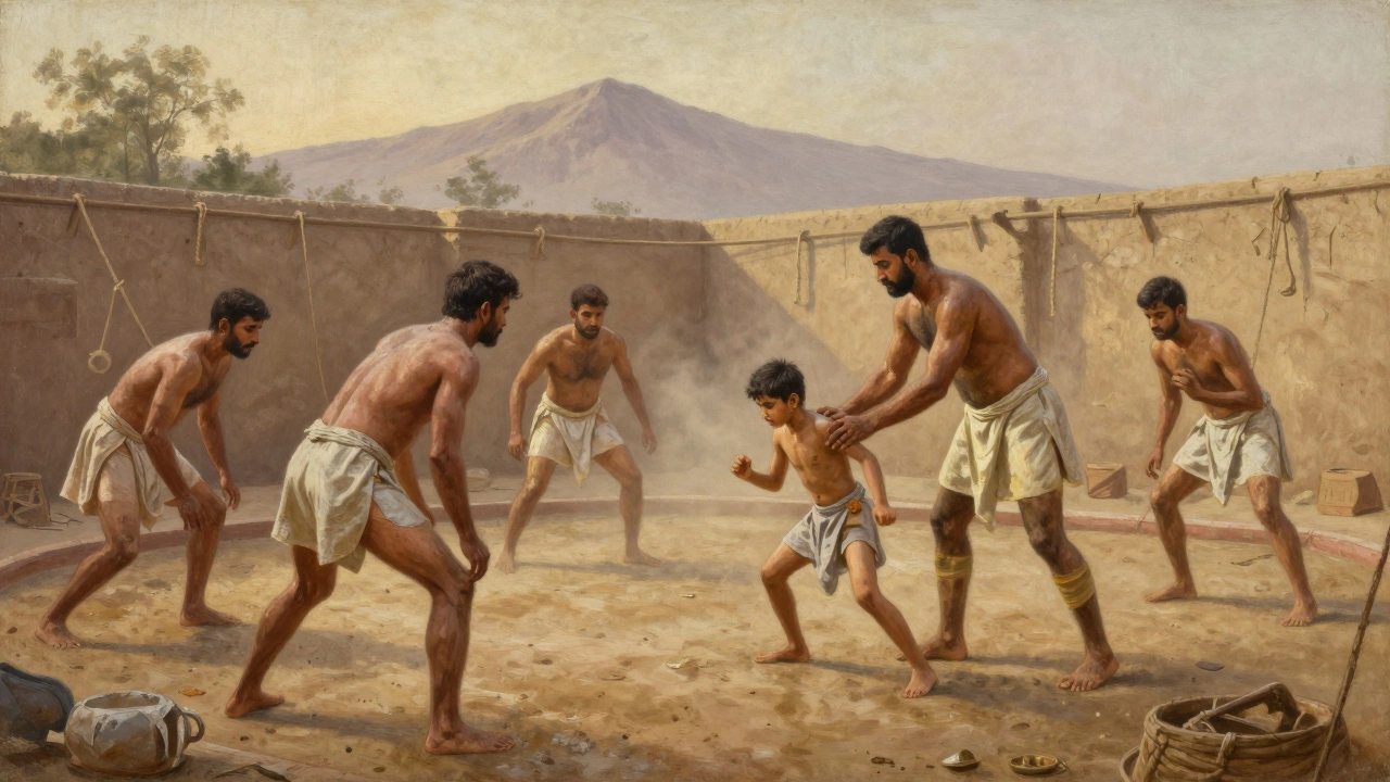 Traditional wrestlers training in a mud pit at dawn, mentor guiding a young boy, rustic village setting with morning light.