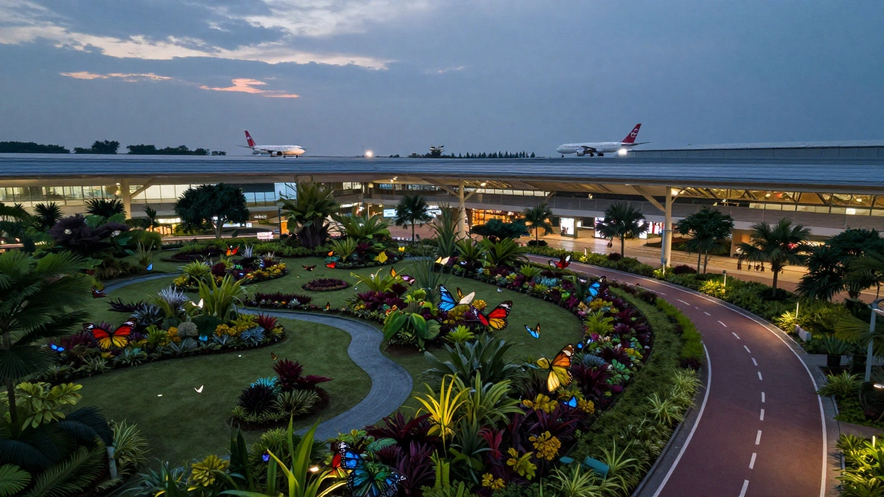 A butterfly garden at Changi Airport with butterflies flying among plants and a jogging track in the background.