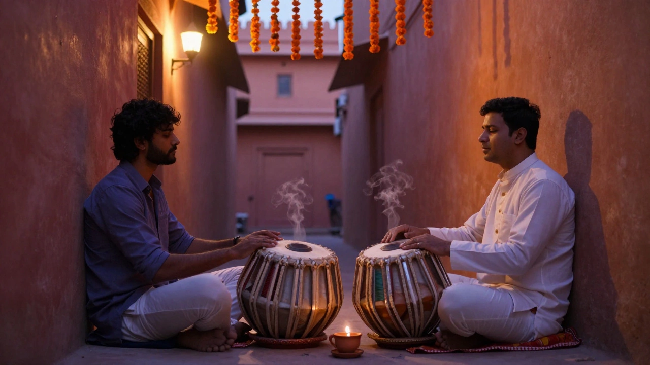 A tabla player performs in a narrow alley as a traveler listens, a cup of chai steaming between them.
