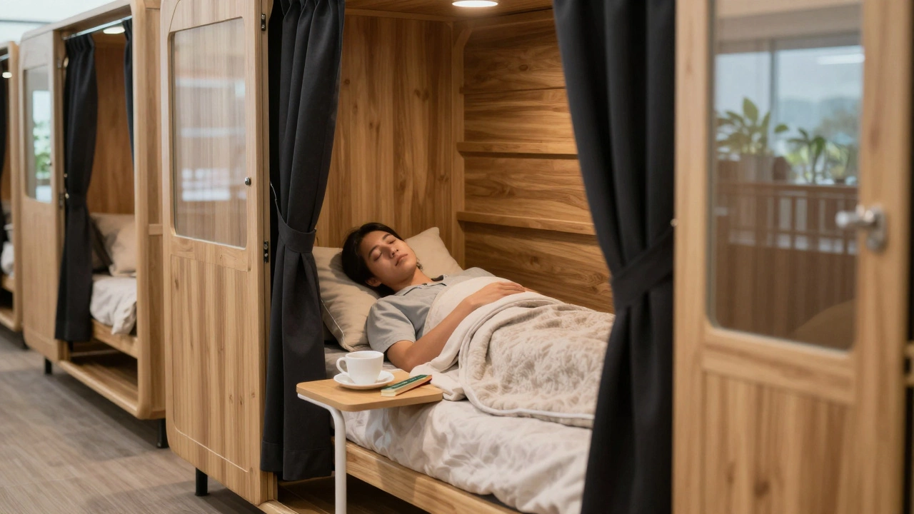A traveler resting peacefully in a quiet sleep pod with soft lighting and wooden finishes.